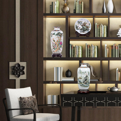 Floral Ceramic Vase with Wood Base Home Decor