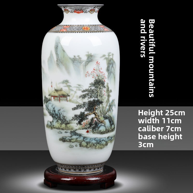 Floral Ceramic Vase with Wood Base Home Decor