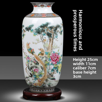 Floral Ceramic Vase with Wood Base Home Decor