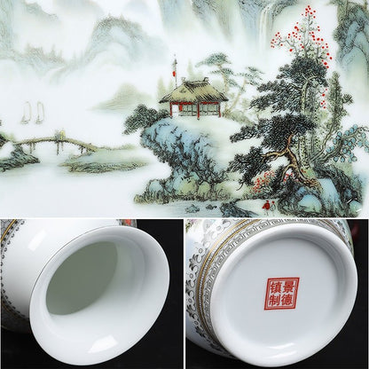 Floral Ceramic Vase with Wood Base Home Decor