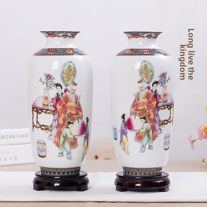 Floral Ceramic Vase with Wood Base Home Decor