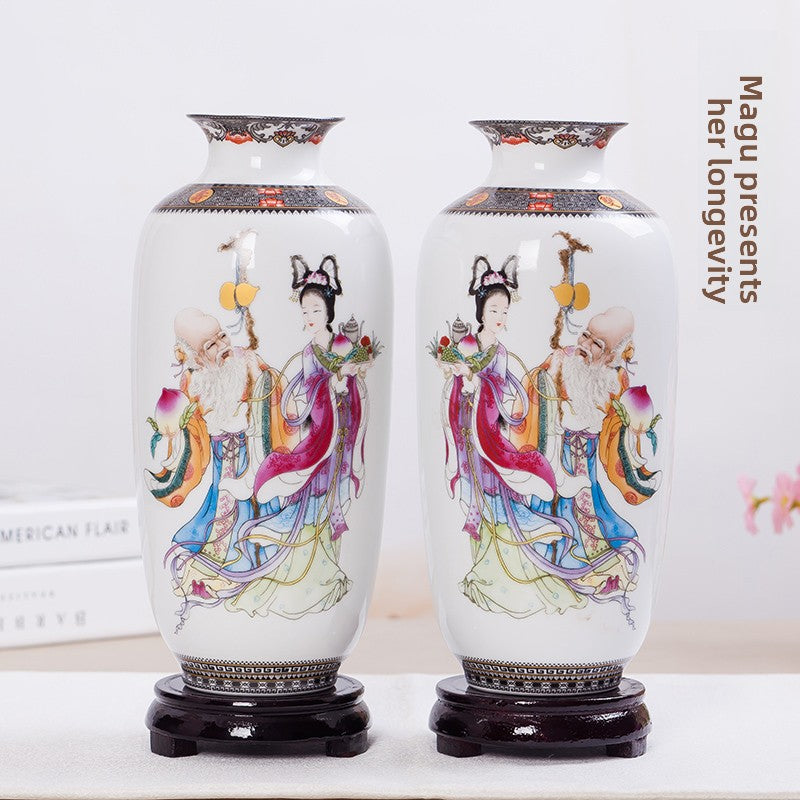 Floral Ceramic Vase with Wood Base Home Decor