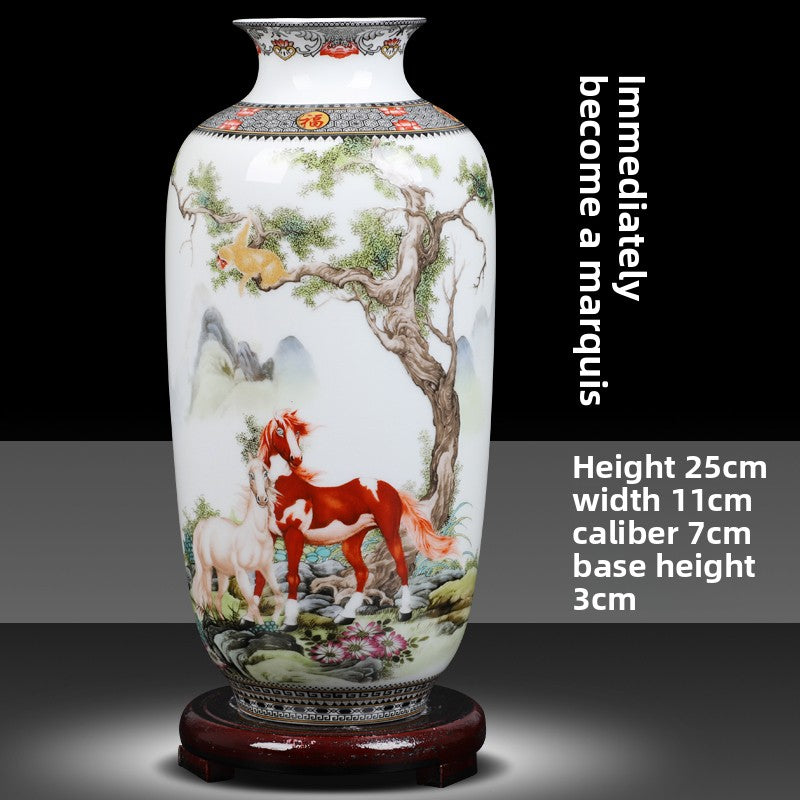 Floral Ceramic Vase with Wood Base Home Decor